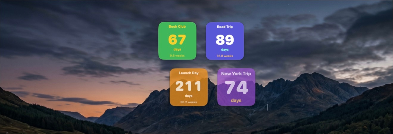 Four Nearing countdowns in green, blue, amber and purple, shown in both the standard and the compact widget size