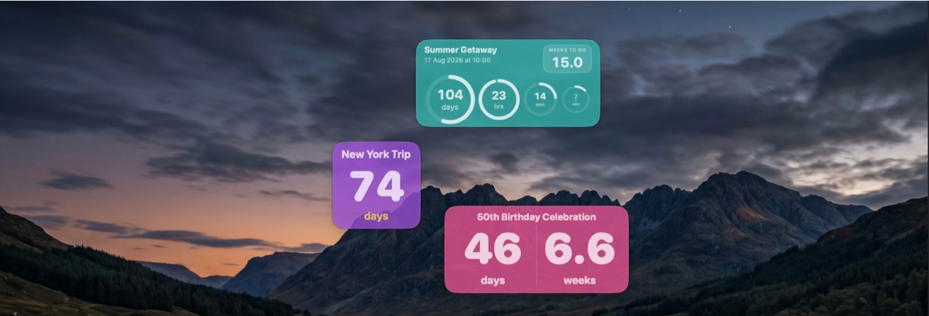 Three Nearing countdowns floating on a Mac desktop — a teal 'Summer Getaway' with rings for days, hours and minutes, a purple 'New York Trip' showing 74 days, and a pink '50th Birthday Celebration' showing 46 days