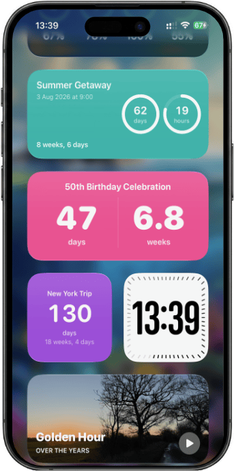 An iPhone Home Screen carrying Nearing widgets — a teal 'Summer Getaway' counting 62 days, a pink '50th Birthday Celebration' at 47 days, and a small purple 'New York Trip' beside a clock widget