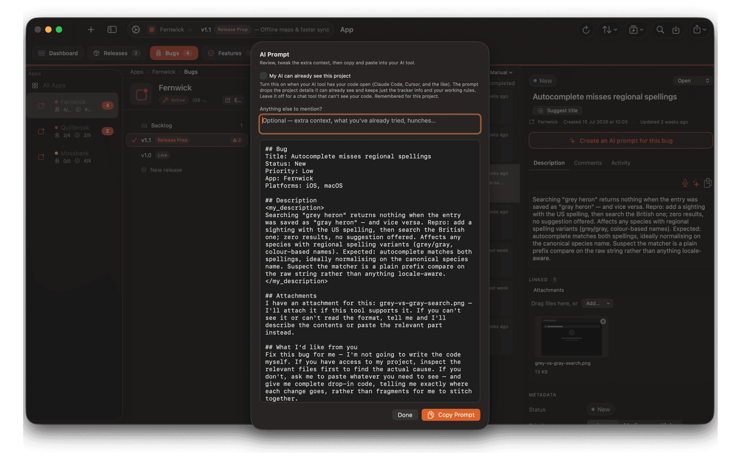 Shape n Ship's AI Prompt sheet showing a complete, ready-to-copy bug-fix prompt built from the project's real context