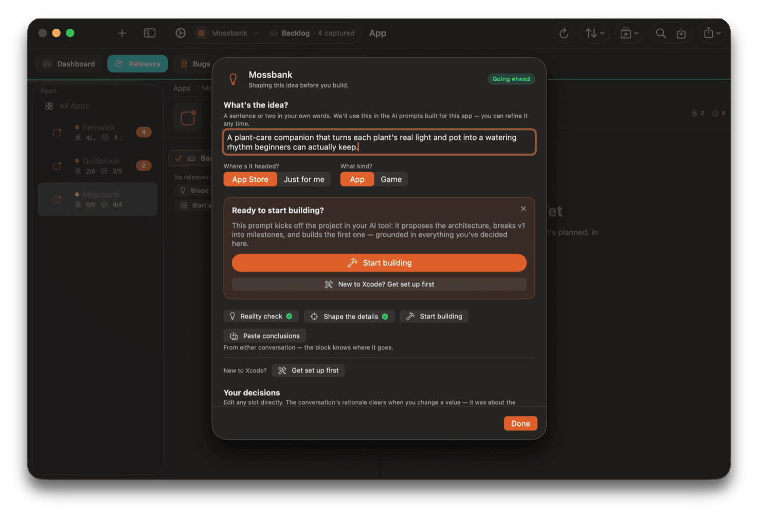 Shape n Ship's concept wizard shaping a new app idea before any code is written, with the reality check and detail stages completed